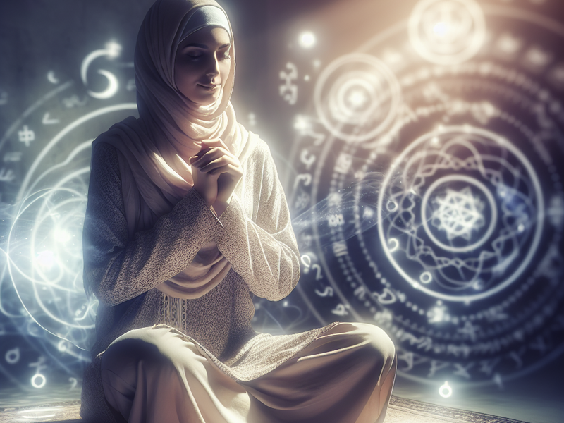 Illustration of a person immersed in deep contemplation, surrounded by rays of light and symbols of wisdom