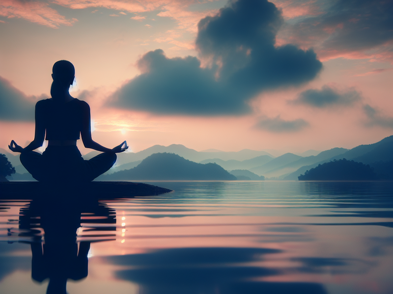 Person meditating by a serene lake at sunrise